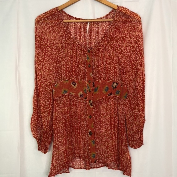 Free People Sheer Floral 3/4 Sleeve Buttons Crinkle Fabric Round Neckline XS - Picture 3 of 13